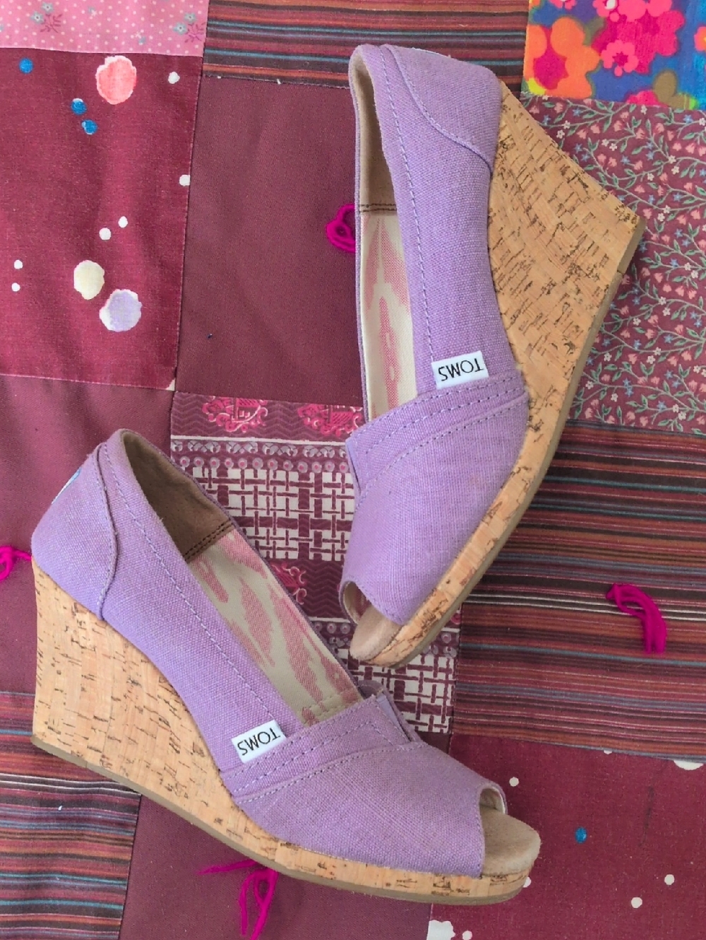 TOMS Lavender Canvas Cork Wedge Peep-Toe Shoes